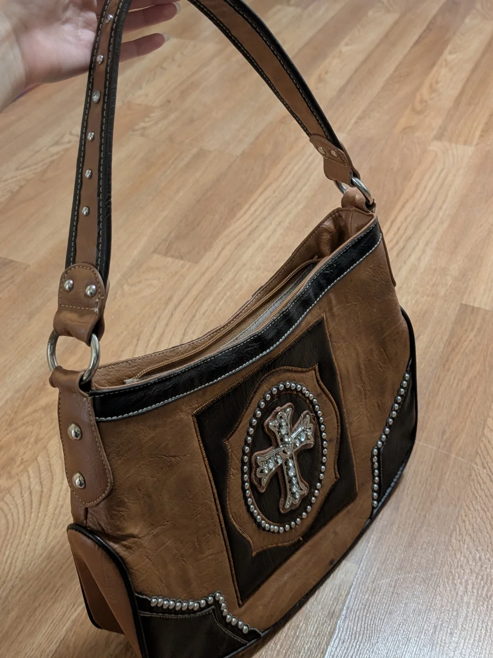 Y2K Women's Brown Embellished Cross Hobo Bag